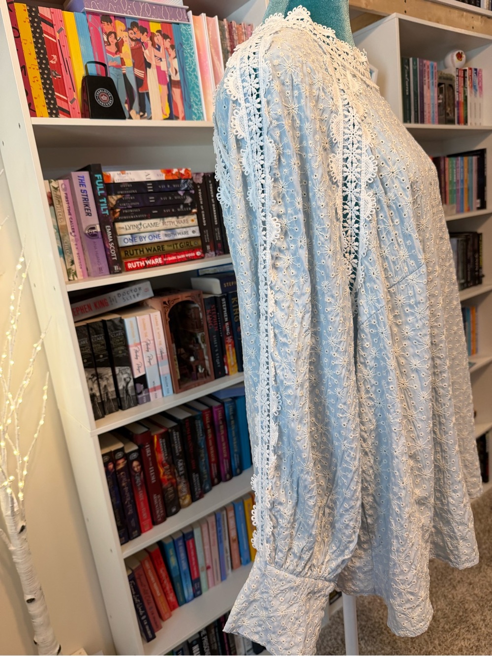 SHEIN Light Blue Eyelet Lace Long Sleeve Blouse - Picture 7 of 15